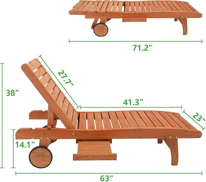 Outvita 62" Outdoor Wooden Chaise Lounge Chair, Adjustable Backrest Sun Lounger with Wheels for Beach, Poolside, Deck, Porch & Garden