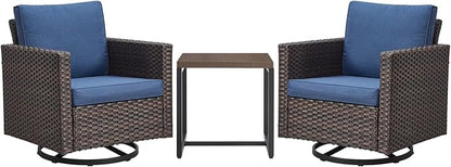 Rilyson Outdoor Patio Swivel Rocker Chairs - 3 Piece Wicker Patio Furniture Bistro Swivel Rocking Chairs Set with Comfortable Cushions,Sturdy Metal Frame and Side Table for Porch Deck(Brown/Blue)