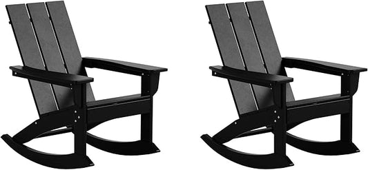 WestinTrends Ashore Patio Rocking Chairs Set of 2, All Weather Poly Lumber Plank Adirondack Rocker Chair, Modern Farmhouse Black Rocking Chairs for Porch Garden Backyard and Indoor