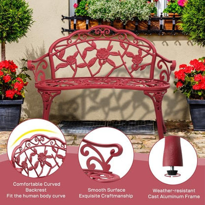 Red Patio Outdoor Park Loveseat Floral Bench for Garden Porch Deck Lawn Porch Path Yard Decor Made Cast Iron Anti-Rust Aluminum Metal, 2-3 Seater (Red Rose)