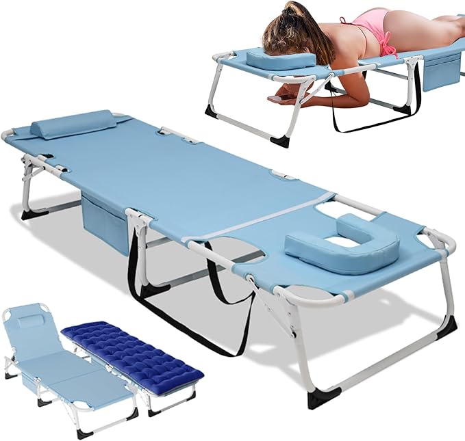 DoCred 3 in 1 Sun Tanning Chair with Face Arm Hole, Heavy Duty Folding Chaise Lounge Chairs - Photo 1