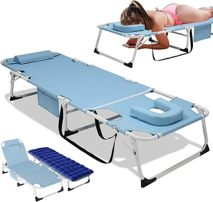 DoCred 3 in 1 Sun Tanning Chair with Face Arm Hole, Heavy Duty Folding Chaise Lounge Chairs, 5-Position Outdoor Lounge Chair for Beach, Pool, Lawn, Yard, Patio