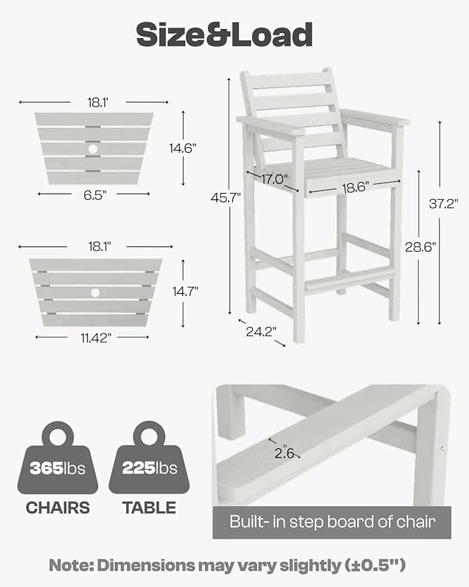 Tall HDPE Adirondack Bar Chairs Set of 2, Outdoor Balcony Bar-Height Chairs with Extra-Large Side Trays & 2" Umbrella Hole, All-Weather Patio Stools for Porch, Deck, Garden (White, 2chair)