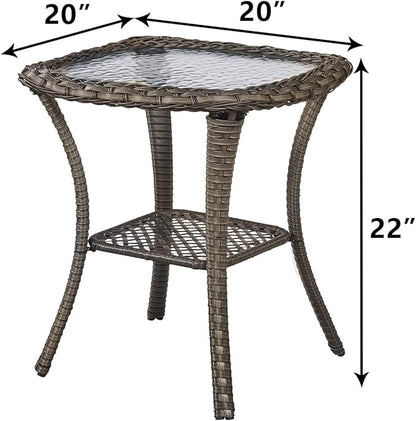 Rilyson Patio Tables Wicker Side Table - Rattan End Table with Glass Top for Outdoor Outside Patio Porch Deck Square Mixed-Grey