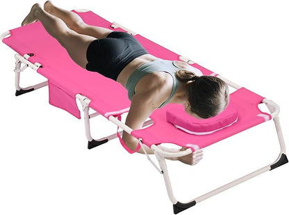 Pink 3-in-1 Heavy Duty Tanning Chair with Face Hole, Portable Folding Chaise Lounge Chair with Adjustable 5-Position Recline, Sun Tanning Chairs for Outdoor Sunbathing, Pool