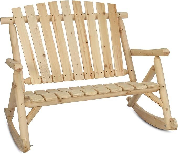 Outdoor Double Wooden Rocking Bench, Adirondack Porch Rocker Chair for 2 Persons, Patio Rustic Log Rocker Loveseat with High Slatted Seat & Backrest for Deck, Backyard, Garden, Natural