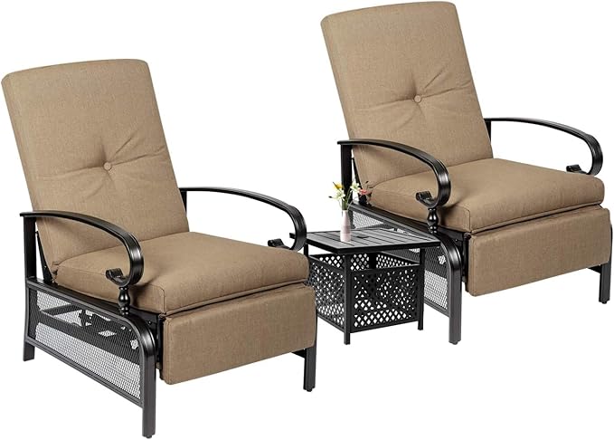 Incbruce 3 Pieces Outdoor Lounge Recliner Set, 2 Adjustable Metal Recliner Sofa Chair and Umbrella Stand Side Square Table Suitable for Garden, Pool, Yard (Brown)