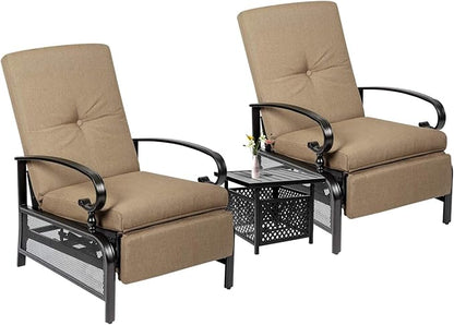 Incbruce 3 Pieces Outdoor Lounge Recliner Set, 2 Adjustable Metal Recliner Sofa Chair and Umbrella Stand Side Square Table Suitable for Garden, Pool, Yard (Brown)