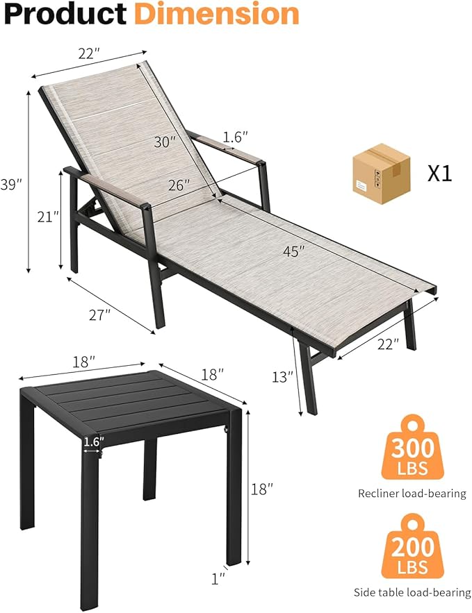 2-Piece Outdoor Chaise Lounge Set, Never-Rust Aluminum Patio Lounge Chair with Side Table, Pool Lounger with 3D Ultra-Thick Textilene, Adjustable Backrest Sun Lounger for Poolside, Backyard
