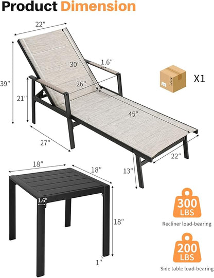2-Piece Outdoor Chaise Lounge Set, Never-Rust Aluminum Patio Lounge Chair with Side Table, Pool Lounger with 3D Ultra-Thick Textilene, Adjustable Backrest Sun Lounger for Poolside, Backyard