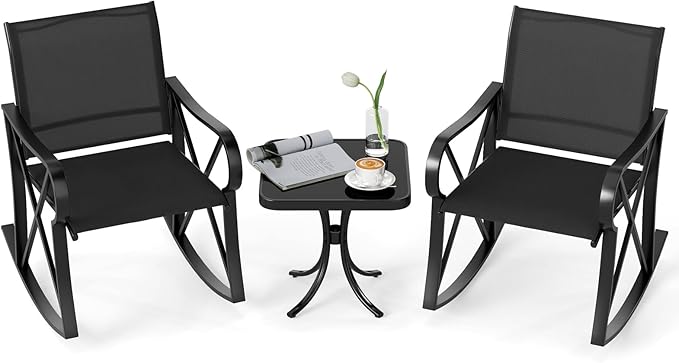 Tangkula 3 Piece Patio Rocking Set, 2 Rocking Chairs with Tempered Glass Side Table - Photo 1