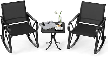 Tangkula 3 Piece Patio Rocking Set, 2 Rocking Chairs with Tempered Glass Side Table, Small Patio Furniture Set with Smooth Rocking Motion, Outdoor Rocker Chairs Bistro Set for Porch, Balcony (Black)