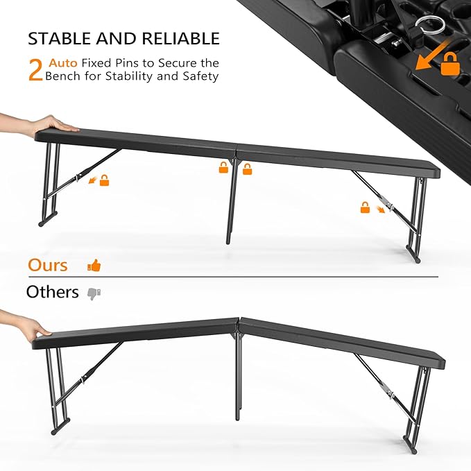 VINGLI 6 feet Plastic Folding Bench,Portable in/Outdoor Picnic Party Camping Dining Seat, Garden Soccer Multipurpose Entertaining Activities, Smooth HDPE Tabletop (1, Black, 6ft)