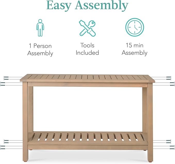 Best Choice Products 48in 2-Shelf Eucalyptus Wooden Console Table Indoor Outdoor Multifunctional Buffet Bar Storage - Photo 7