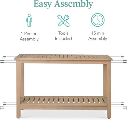 Best Choice Products 48in 2-Shelf Eucalyptus Wooden Console Table Indoor Outdoor Multifunctional Buffet Bar Storage Organizer w/Foot Sliders - Taupe