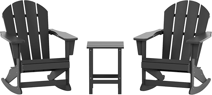 WO WESTIN OUTDOOR HDPE Laguna Outdoor Rocking Poly Adirondack Chair with Side Table 3-Piece Set, Gray