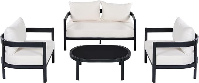 Merax 4 Piece Patio Outdoor Furniture Set, All-Weather Curved Aluminum Loveseat Sofa, 2 Armchairs w/Coushions - Photo 2