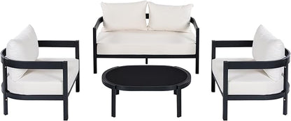 Merax 4 Piece Patio Outdoor Furniture Set, All-Weather Curved Aluminum Loveseat Sofa, 2 Armchairs w/Coushions,Oval Coffee Table, Conversation Set for Backyard Deck Poolside, Seats 5 Adult, Black
