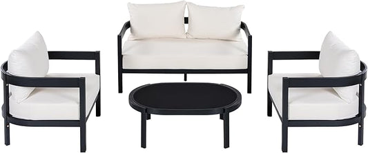 Merax 4 Piece Patio Outdoor Furniture Set, All-Weather Curved Aluminum Loveseat Sofa, 2 Armchairs w/Coushions,Oval Coffee Table, Conversation Set for Backyard Deck Poolside, Seats 5 Adult, Black