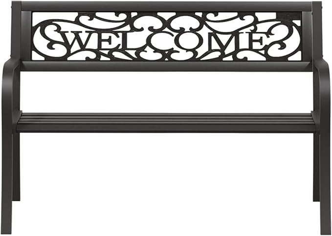 Garden Bench, Outdoor Rectangular Steel Bench with Plastic Seat 49.2 Inch Long Powder-Coated Black Metal for Garden Patio Balcony