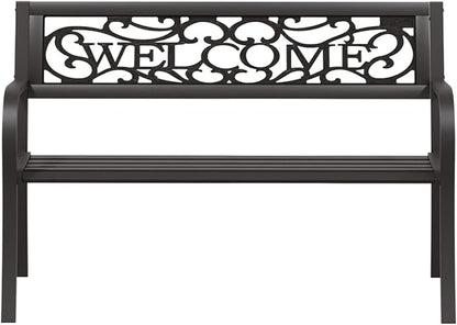 Garden Bench, Outdoor Rectangular Steel Bench with Plastic Seat 49.2 Inch Long Powder-Coated Black Metal for Garden Patio Balcony