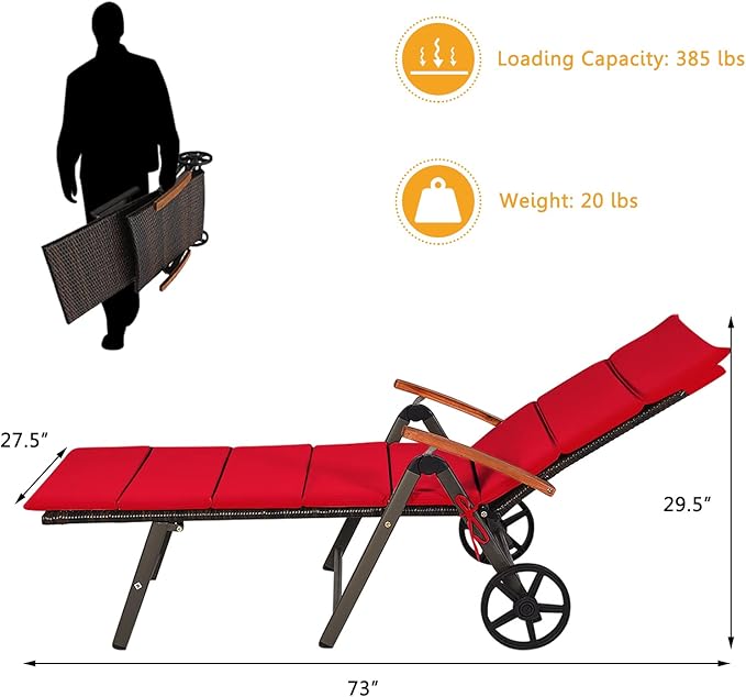 Tangkula Foldable Lounge Chair Outdoor, Wicker Chaise Lounge with Aluminum Frame - Photo 3