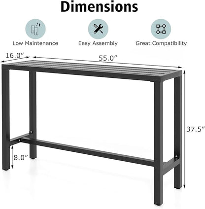 COSTWAY Outdoor Bar Table 55-inch Wide, Narrow Counter Height Dining Table with Waterproof Top and Heavy-Duty Metal Frame, Rectangular Pub Table for Garden Patio Backyard Poolside, Black