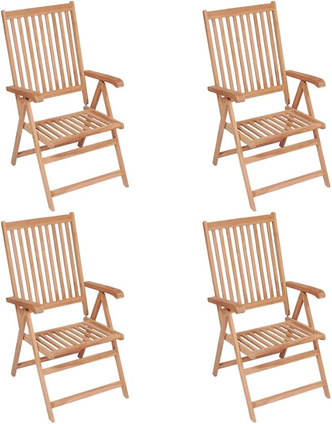 Folding Teak Chairs Set of 4, 28.1x22.4x42.9 in Outdoor Patio Reclining Lounge for Garden Dining, Weather-Ready Reclinable Sun Lounger for Deck Balcony Backyard