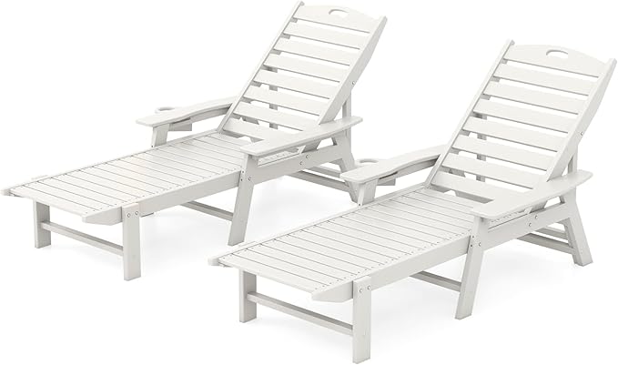 Giantex Lounge Chair Outdoor, Oversized Chaise Lounge Chair with 4-Position Backrest, Rotatory Cup Holder, Weatherproof HDPE Patio Lounge Chair for Outside Garden Deck Poolside Backyard, White (2)