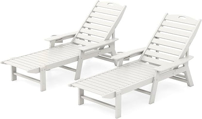 Giantex Lounge Chair Outdoor, Oversized Chaise Lounge Chair with 4-Position Backrest, Rotatory Cup Holder, Weatherproof HDPE Patio Lounge Chair for Outside Garden Deck Poolside Backyard, White (2)