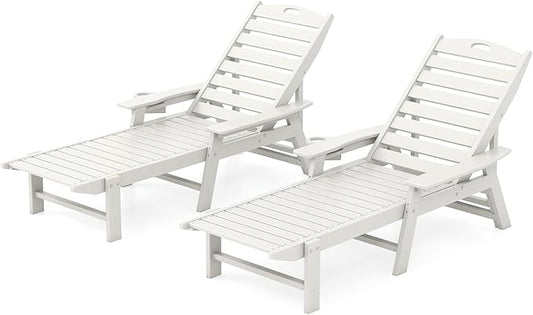 Giantex Lounge Chair Outdoor, Oversized Chaise Lounge Chair with 4-Position Backrest, Rotatory Cup Holder, Weatherproof HDPE Patio Lounge Chair for Outside Garden Deck Poolside Backyard, White (2)