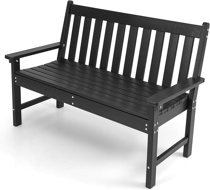 Tangkula HDPE Outdoor Garden Bench with Backrest, 2-Person All-Weather Patio Loveseat Chair with Slatted Seat, 705 lbs Weight Capacity, Patio Benches for Balcony, Garden, Porch, Backyard & Park, Black