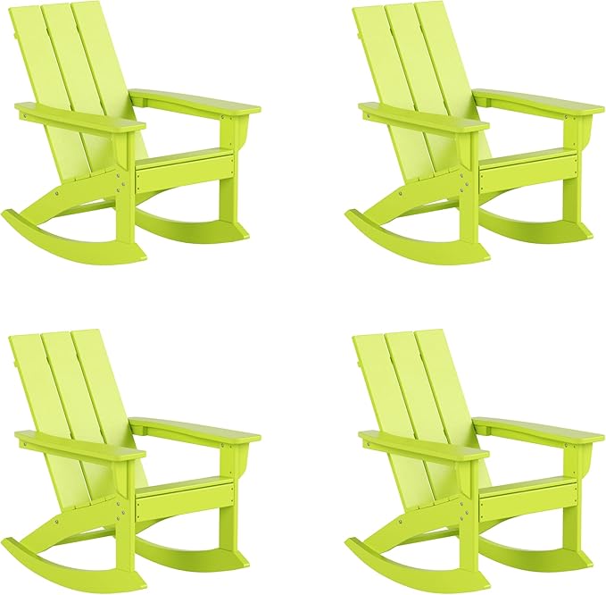 WestinTrends Ashore Patio Rocking Chairs Set of 4, All Weather Poly Lumber Plank Adirondack Rocker Chair, Modern Farmhouse Outdoor Rocking Chairs for Porch Garden Backyard and Indoor, Lime
