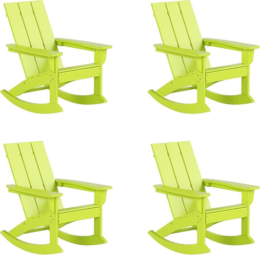 WestinTrends Ashore Patio Rocking Chairs Set of 4, All Weather Poly Lumber Plank Adirondack Rocker Chair, Modern Farmhouse Outdoor Rocking Chairs for Porch Garden Backyard and Indoor, Lime