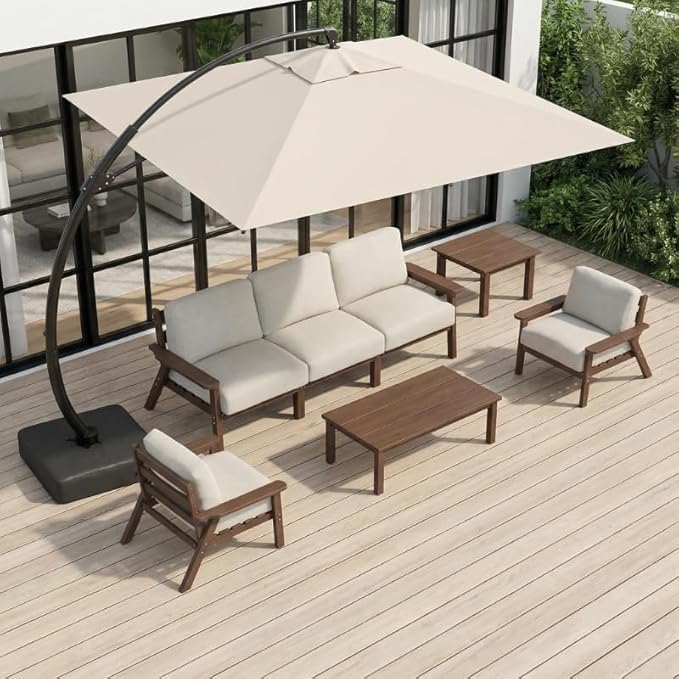 HDPE Patio Furniture Set with Cantilever Umbrella, Outdoor Couch with Washable Thick Beige Cushions & Tables, Outdoor Sectional Furniture for Deck, Lawn, Porch (Brown Frame)
