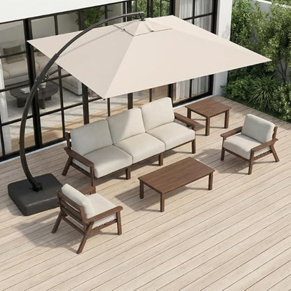 HDPE Patio Furniture Set with Cantilever Umbrella, Outdoor Couch with Washable Thick Beige Cushions & Tables, Outdoor Sectional Furniture for Deck, Lawn, Porch (Brown Frame)