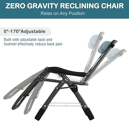 NAIZEA Padded Zero Gravity Chair, Cooling Fabric Folding Outdoor Lounge Chairs, Adjustable Reclining Camping Chairs with Cup Holder, Ergonomic Patio Lawn Chair for Balcony Beach Deck Yard
