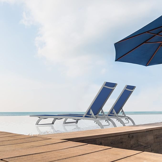 Domi Chaise Lounge Outdoor Set of 3 Lounge Chairs for Outside w/Wheels, 5 Adjustable Position Pool Lounge Chairs for Patio, Beach, Yard, Navy Blue