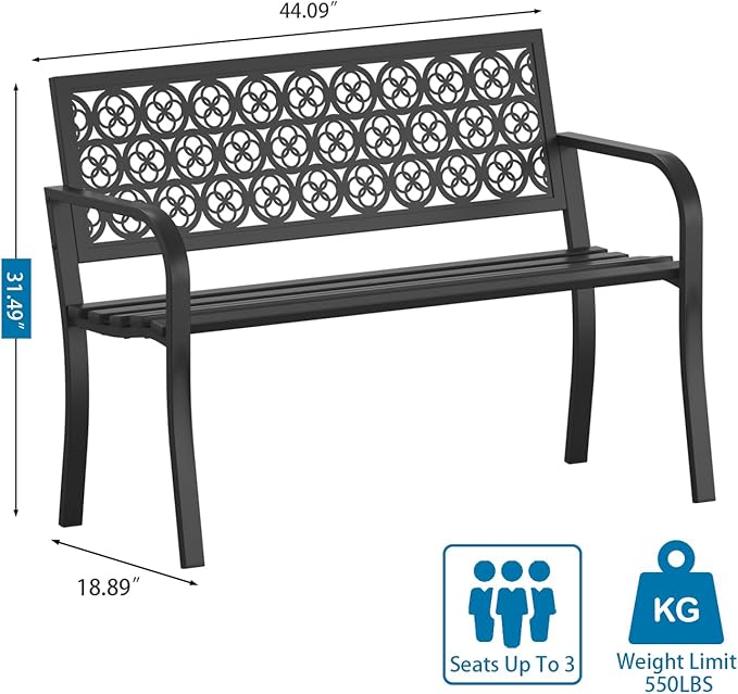 On Shine Outdoor Garden Bench Cast Iron Steel Outdoor Bench Clearance Weatherproof Metal Park Bench for Porch, Yard, Lawn, Deck (Four-Leaf Clover)