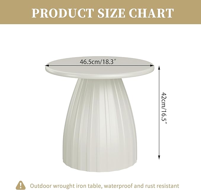 Round Small Patio Side Table, Metal Steel Outdoor Side Table, Patio Accent End Table for Garden, Pool, Deck, Balcony, Yard, Living Room, White, Weather Resistant, No Assembly