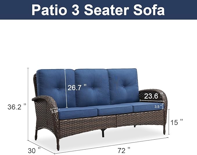 Belord Outdoor Patio Furniture - Wicker Sofa with Removable Cushion, 3 Seater Rattan Couch with Deep Seat, High Backrest, All-Weather for Balcony, Deck, Backyard, Brown/Blue