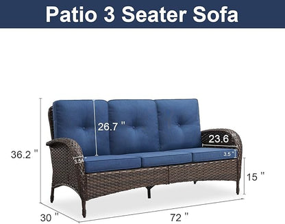 Belord Outdoor Patio Furniture - Wicker Sofa with Removable Cushion, 3 Seater Rattan Couch with Deep Seat, High Backrest, All-Weather for Balcony, Deck, Backyard, Brown/Blue