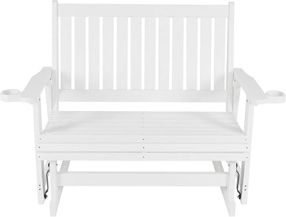 HIPS Patio Glider with Cup Holders, Durable Poly Lumber Material, All-Weather Resistant, High Backrest and Deep Contoured Seat, Heavy Duty 900 LB, for Outdoor, Porch, Patio (White, 2-Seat)