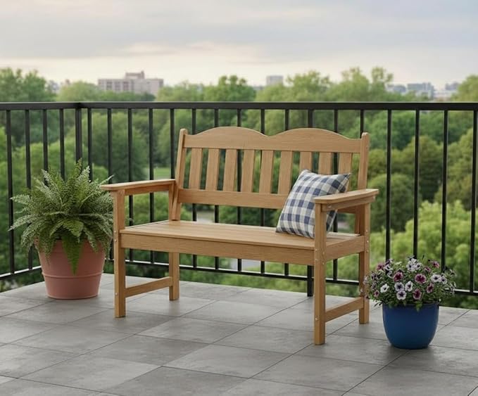GarveeLife 2-Person Poly Lumber Garden Bench, Slatted Patio Loveseat, Weather-Resistant Outdoor Seating for Yard, Garden, Porch, Park or Backyard, Natural