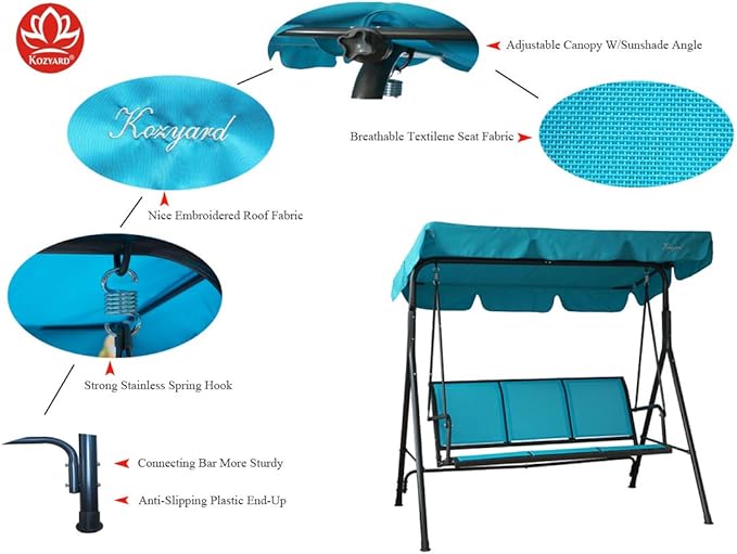 Kozyard 3-Person Outdoor Canopy Porch Swing Chair, Breathable Textilene Armrest Seat, Adjustable Shade, Heavy-Duty Powder-Coated Steel Frame Swing for Patio, Backyard, Poolside & Balcony, Blue