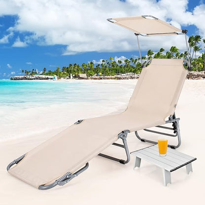 GYMAX Tanning Chair, Beach Lounge Chair with Canopy Sunshade, Carry Handle & Pocket, 5 Level Adjustable Layout Chaise Lounge for Outside, Folding Sunbath Chair for Outdoor, Patio, Poolside (2, Sand)