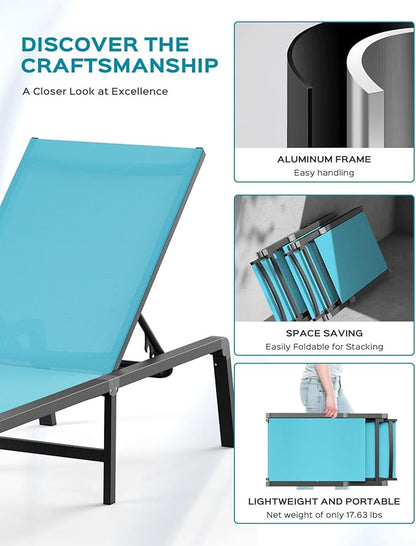 Patio Chaise Lounge Chair Set of 2, Foldable Lounge Chairs for Outside, Aluminum Chairs with 5 Adjustable Backrest, Outdoor Pool Lounger for Lawn, Poolside, Deck, Lake Blue