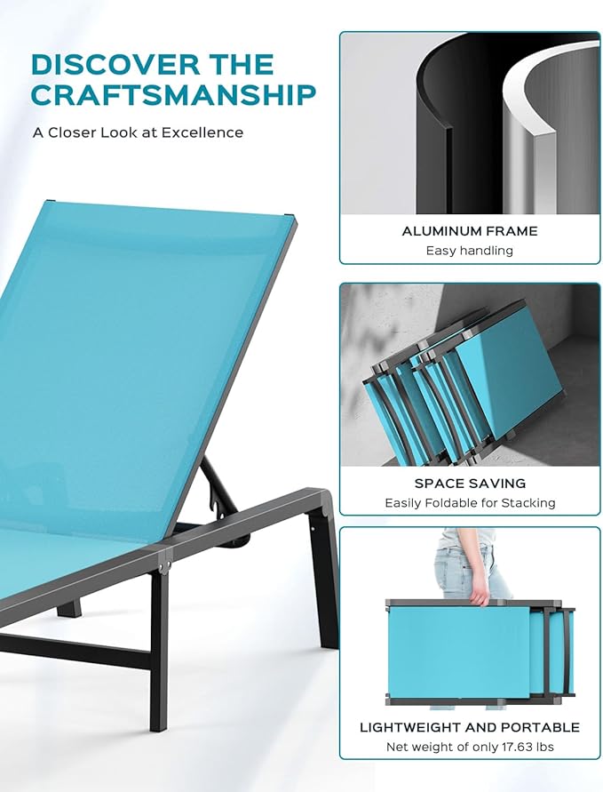 Patio Chaise Lounge Chair Set of 4, Foldable Lounge Chair for Outside, Aluminum Chairs with 5 Adjustable Backrest, Outdoor Pool Lounger for Poolside, Lawn, Patio, Lake Blue