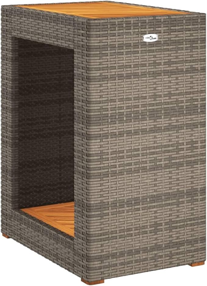 vidaXL Modern Grey Garden Side Table with Wooden Top 23.6x15.7x29.5 in Poly Rattan and Steel Frame Weather Resistant - Photo 8