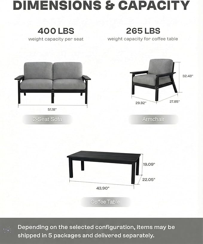 HDPE Patio Furniture Set 8 Seats, Outdoor Couch with Washable Thick Gray Cushions & Side Table, Outdoor Sectional Furniture for Backyard, Deck, Lawn, Porch (Black Frame)